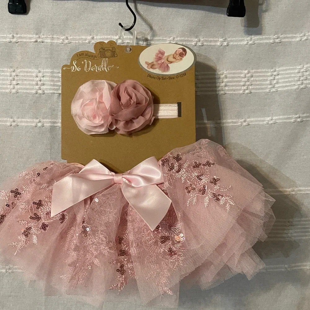 Shalom Pink Sequin Tulle Skirt & Flower Headband Set Photo Op